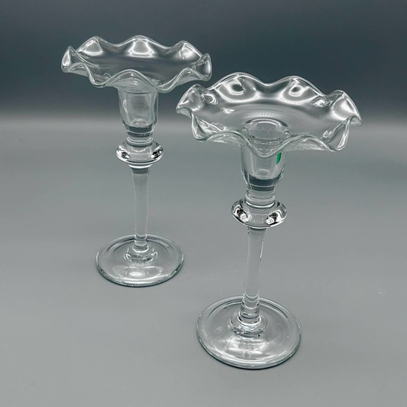 Art Glass Ruffled Taper Long stem Candlesticks 2 Piece - Picture 3 of 7
